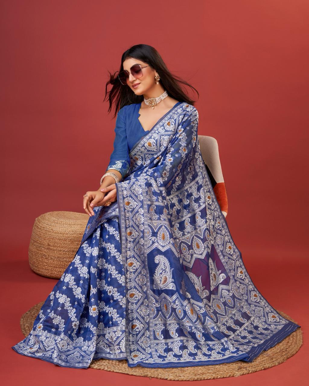 Gossamer Royal Blue Cotton Silk Saree With Phenomenal Blouse Piece