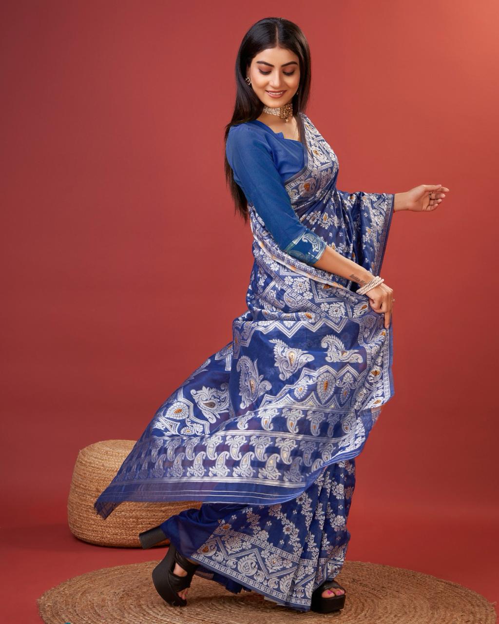 Gossamer Royal Blue Cotton Silk Saree With Phenomenal Blouse Piece