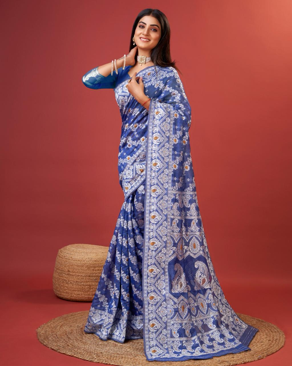 Gossamer Royal Blue Cotton Silk Saree With Phenomenal Blouse Piece