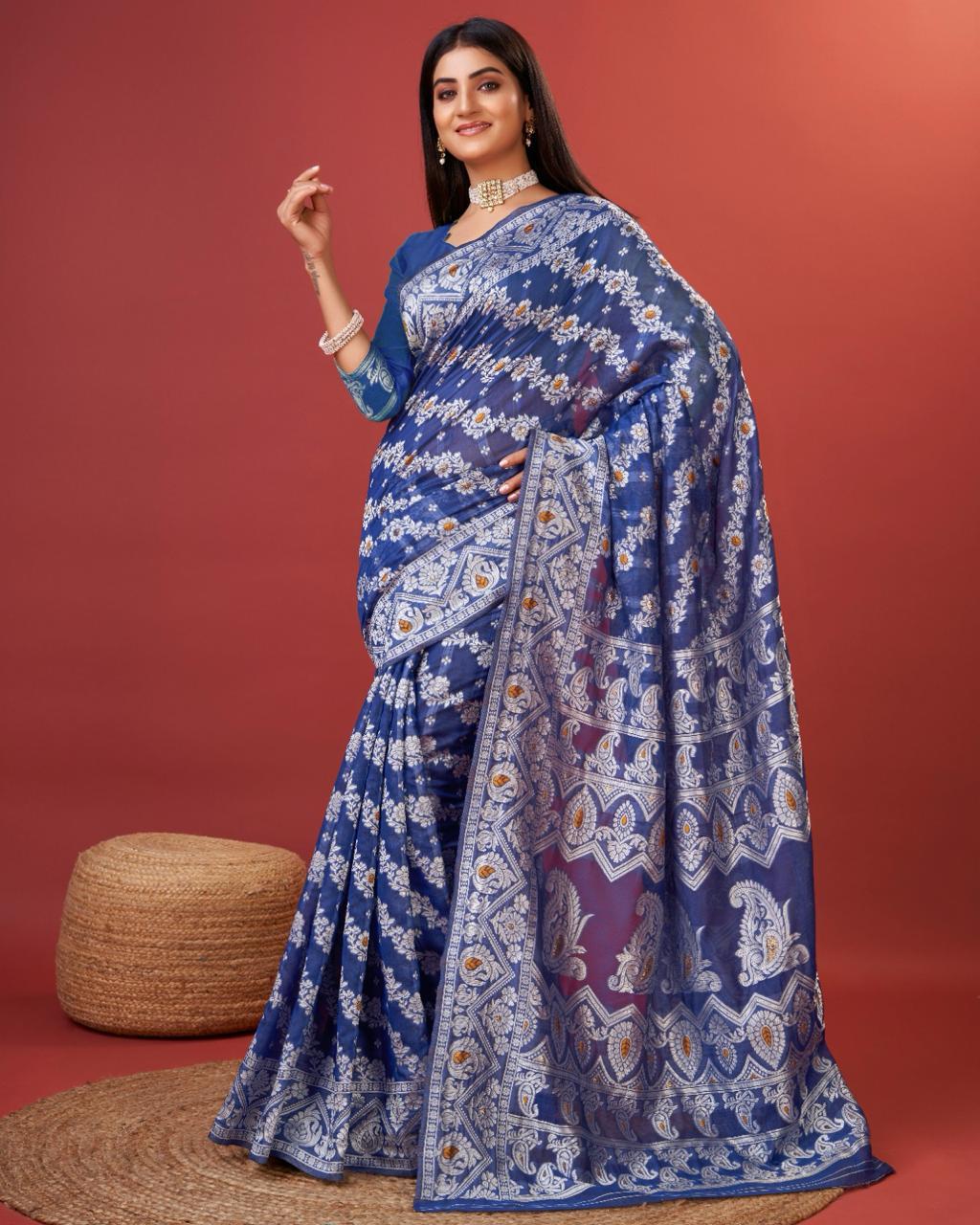 Gossamer Royal Blue Cotton Silk Saree With Phenomenal Blouse Piece