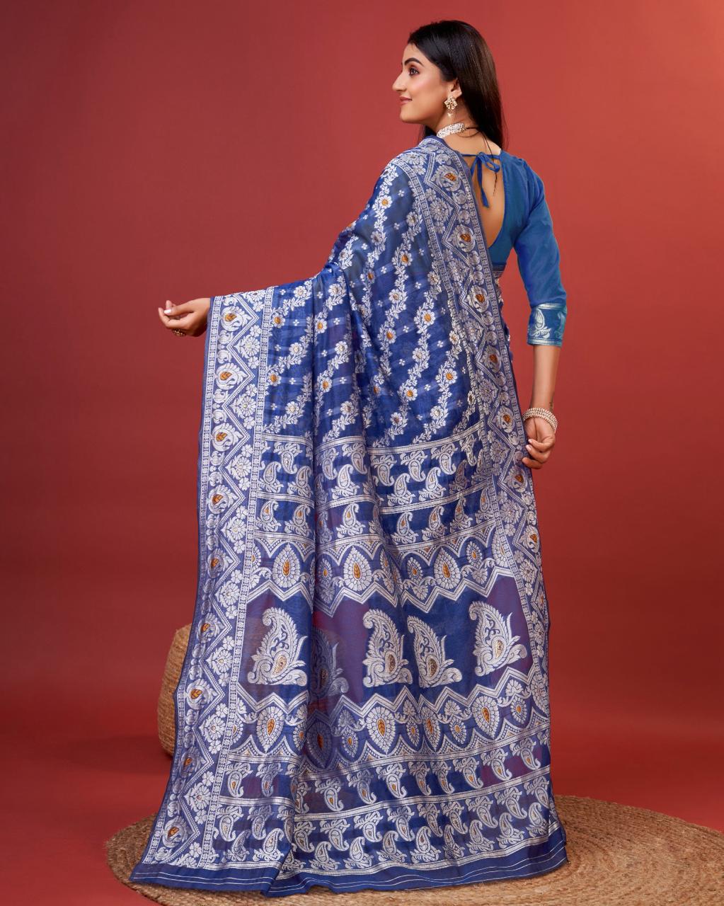 Gossamer Royal Blue Cotton Silk Saree With Phenomenal Blouse Piece