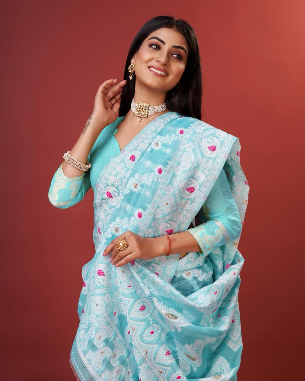 Denouement Sky Cotton Silk Saree With Ratatouille Blouse Piece