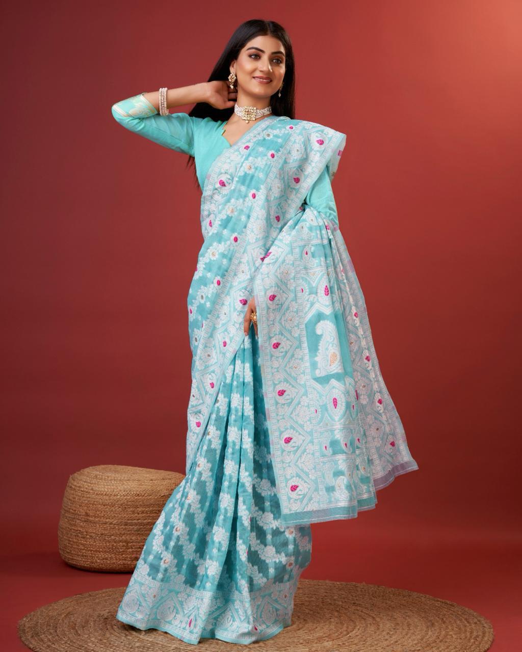 Denouement Sky Cotton Silk Saree With Ratatouille Blouse Piece