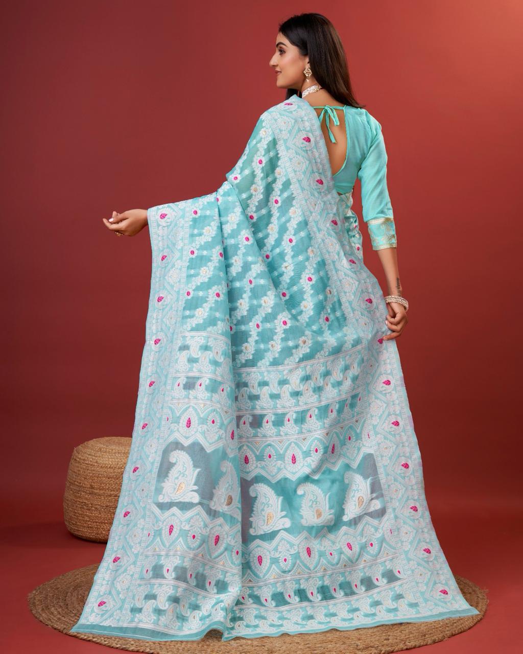 Denouement Sky Cotton Silk Saree With Ratatouille Blouse Piece