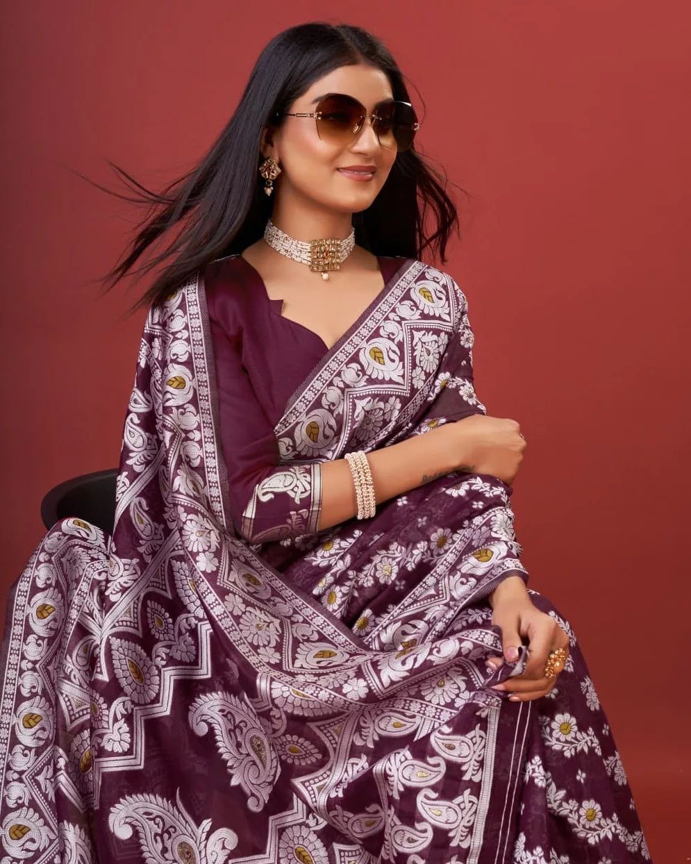 Rhapsody Wine Cotton Silk Saree With Profuse Blouse Piece