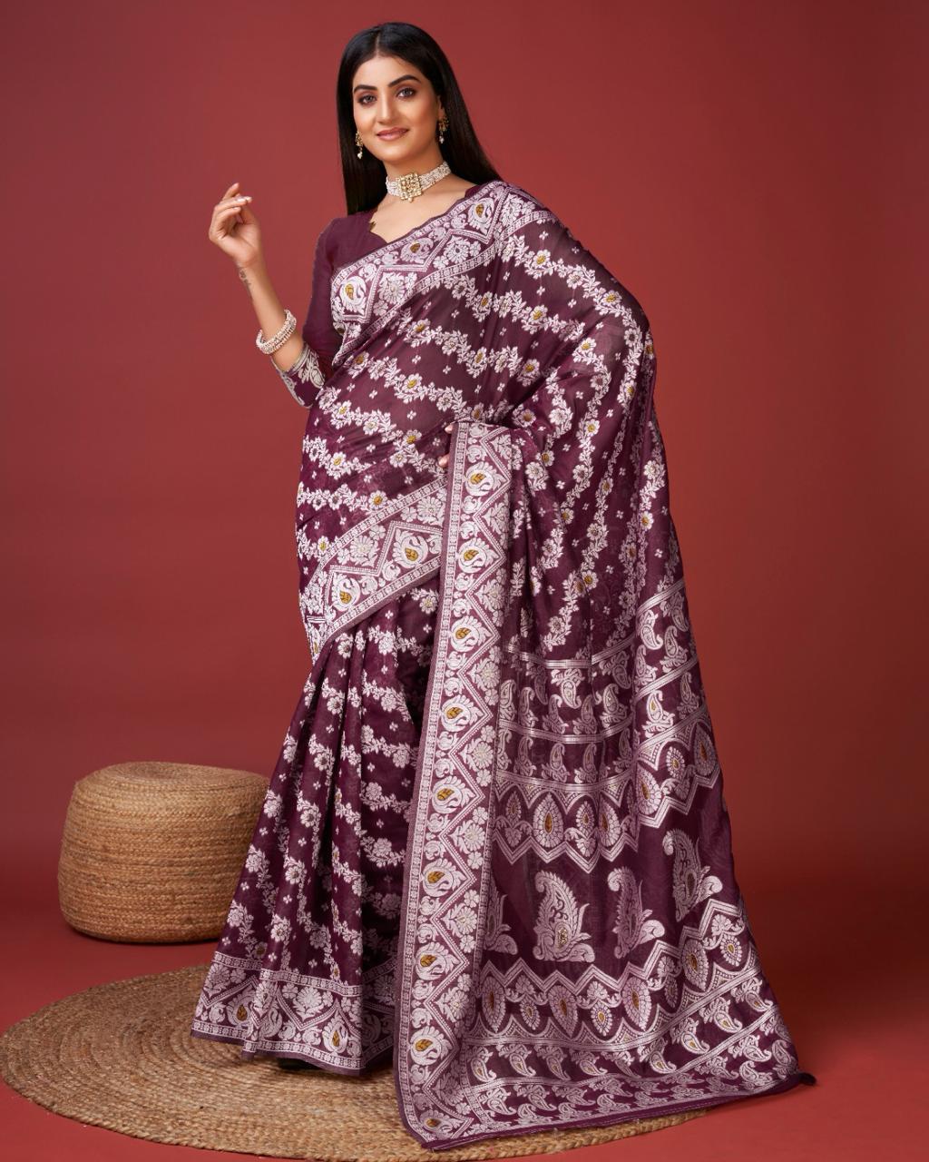 Rhapsody Wine Cotton Silk Saree With Profuse Blouse Piece