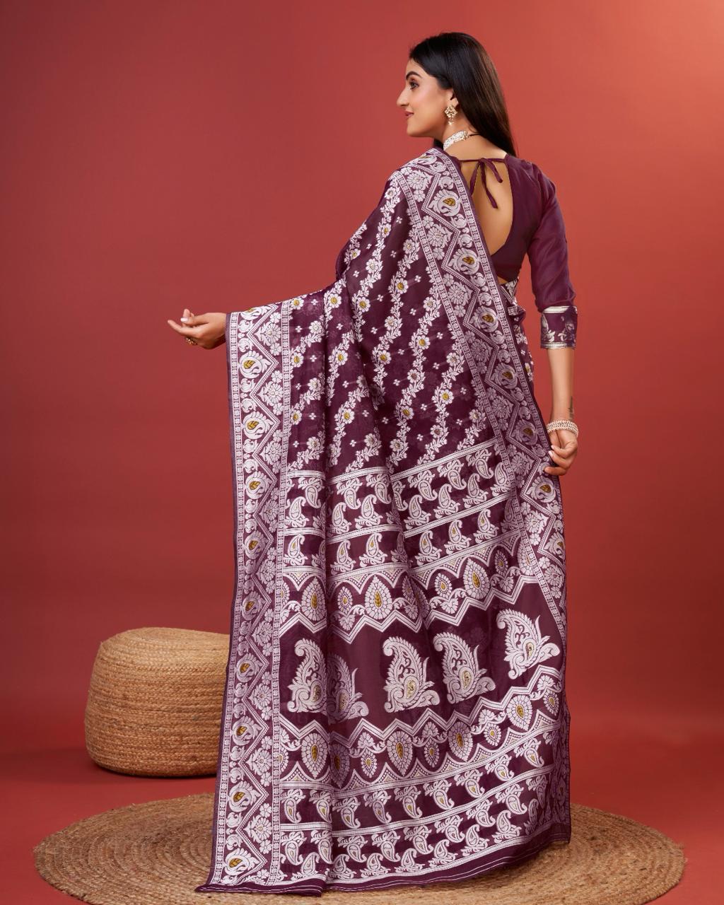 Rhapsody Wine Cotton Silk Saree With Profuse Blouse Piece