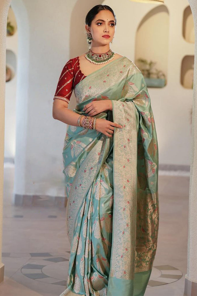 Luminous Sea Green Soft Silk Saree With Pleasant Blouse Piece