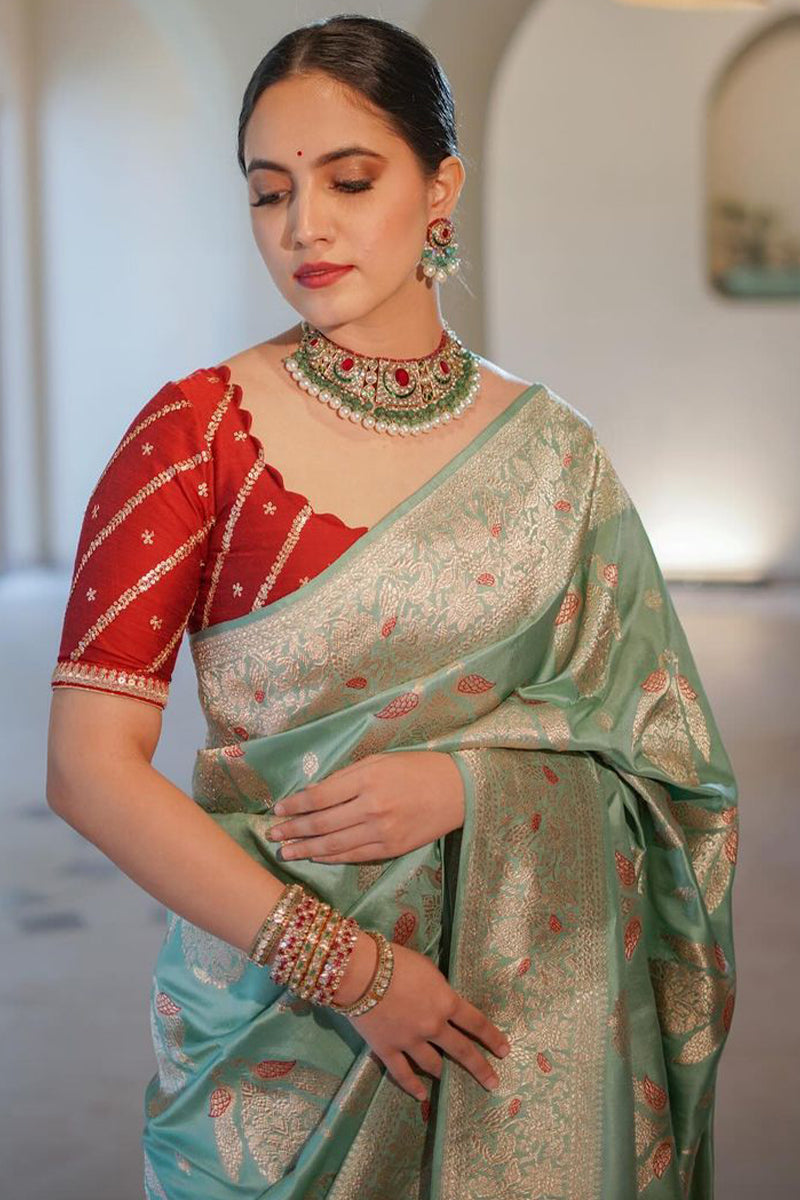 Luminous Sea Green Soft Silk Saree With Pleasant Blouse Piece