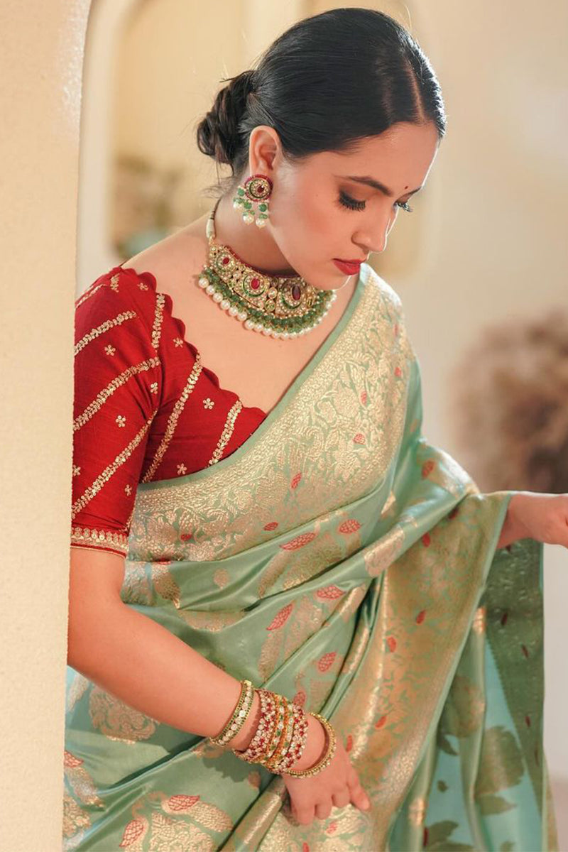 Luminous Sea Green Soft Silk Saree With Pleasant Blouse Piece