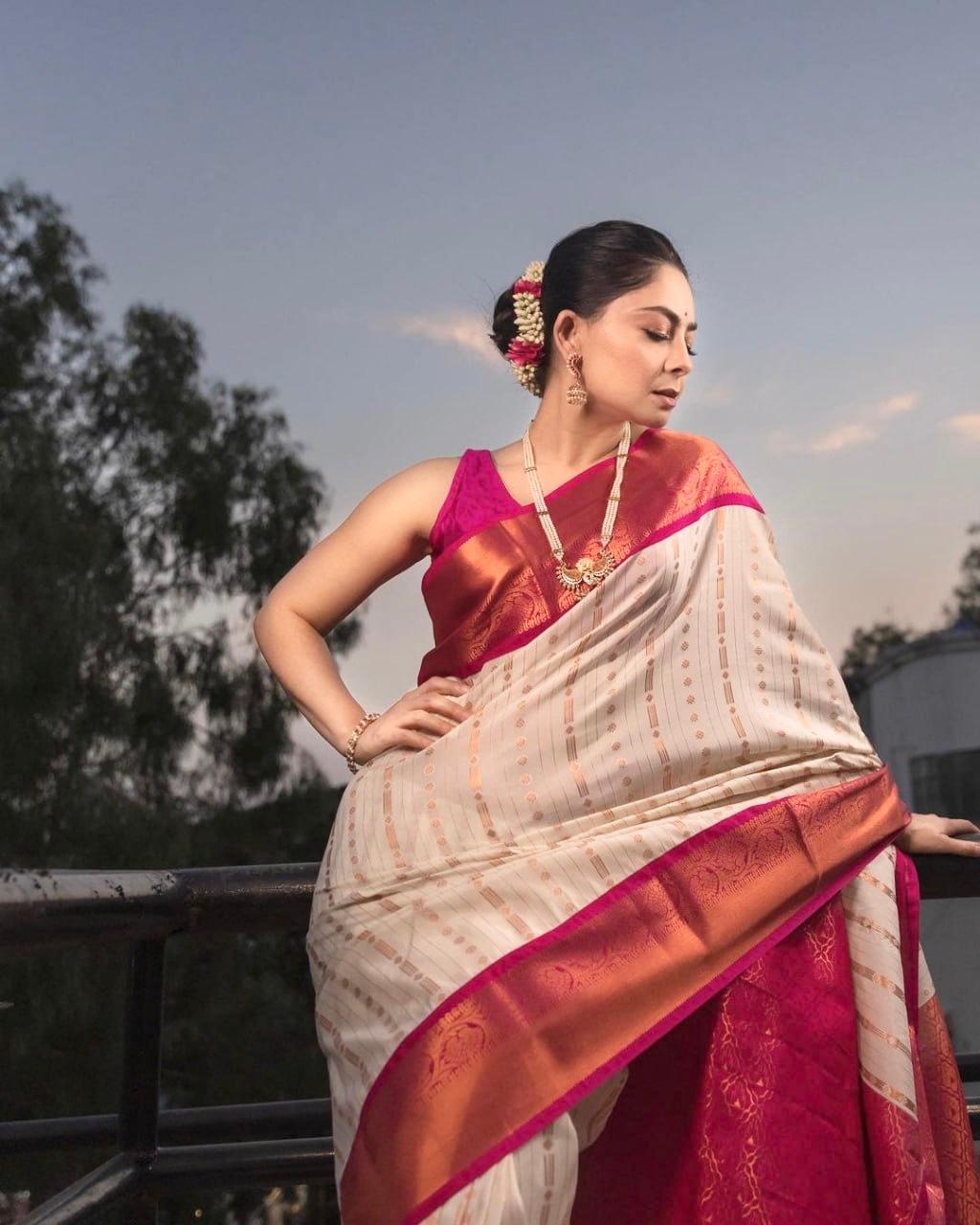 Designer Beige Soft Silk Saree With Incomparable Blouse Piece