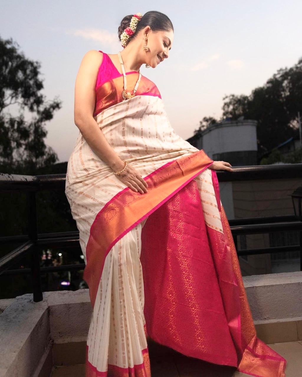 Designer Beige Soft Silk Saree With Incomparable Blouse Piece