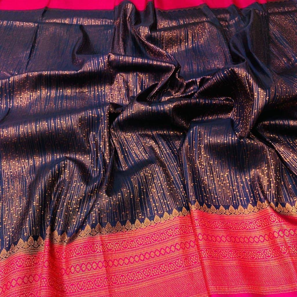 Skinny Blue Soft Banarasi Silk Saree With Exceptional Blouse Piece