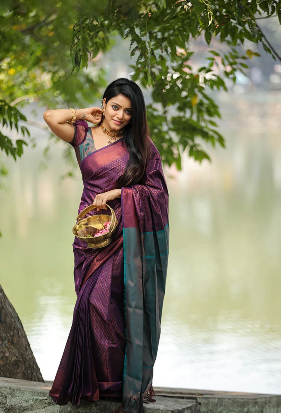 Elision Purple Soft Silk Saree With Gossamer Blouse Piece