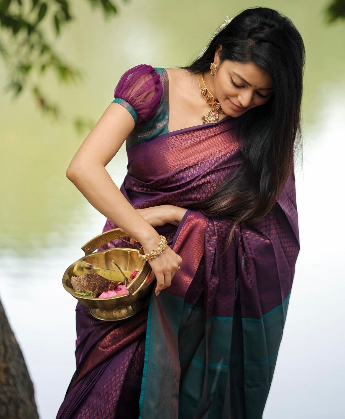 Elision Purple Soft Silk Saree With Gossamer Blouse Piece