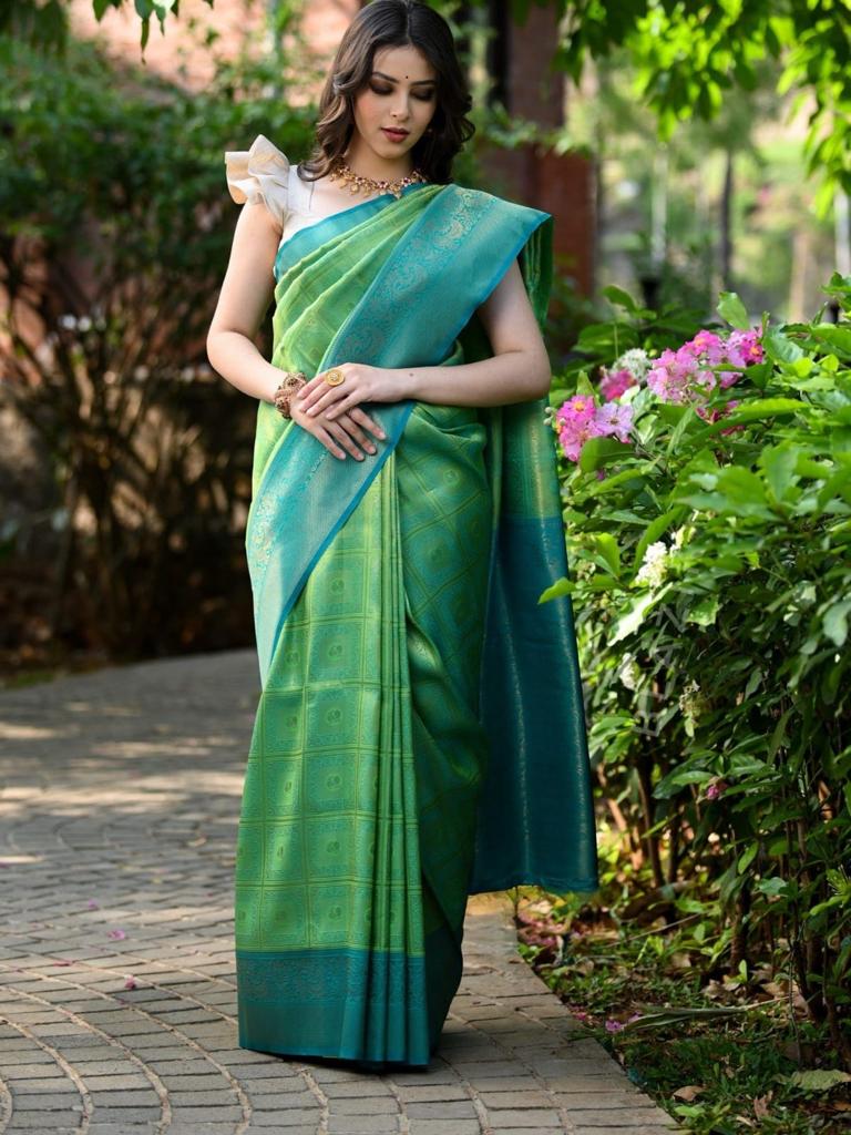 Prominent Sea Green Soft Banarasi Silk Saree With Twirling Blouse Piece