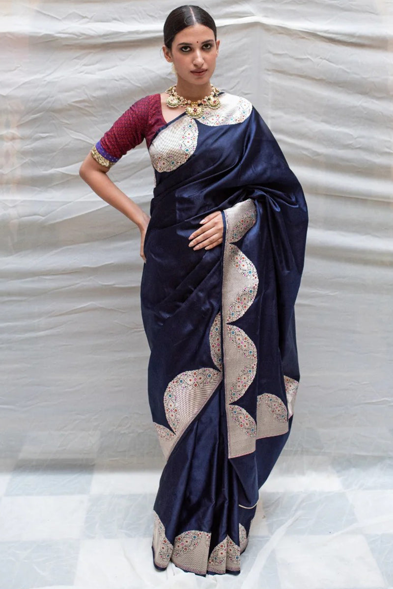 Whimsical Navy Blue Soft Banarasi Silk Saree With Fugacious Blouse Piece