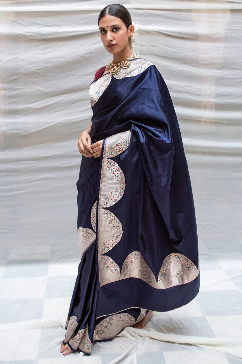 Whimsical Navy Blue Soft Banarasi Silk Saree With Fugacious Blouse Piece