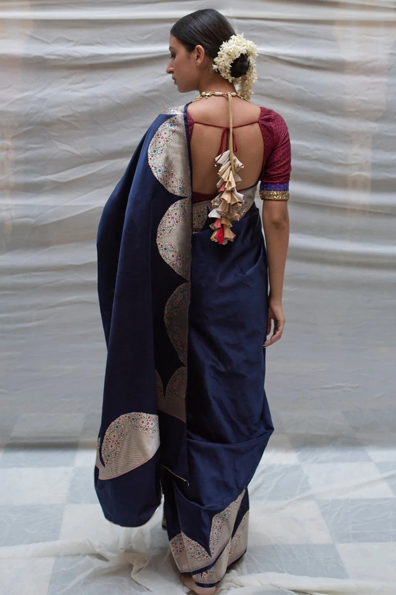 Whimsical Navy Blue Soft Banarasi Silk Saree With Fugacious Blouse Piece