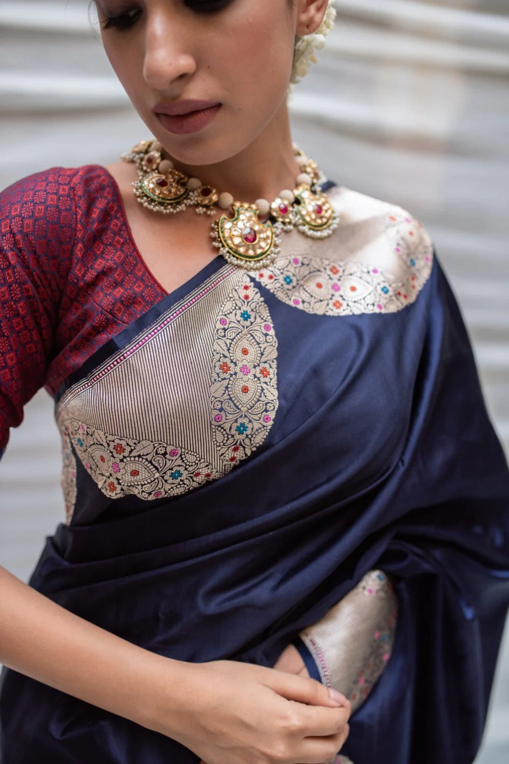 Whimsical Navy Blue Soft Banarasi Silk Saree With Fugacious Blouse Piece