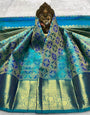 Flamboyant Firozi Pure Banarasi Silk Saree With Fairytale Blouse Piece