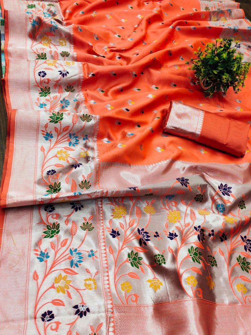 Conflate Orange Paithani Silk Saree With Nemesis Blouse Piece