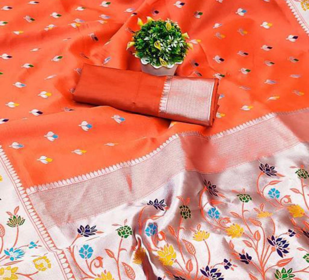 Conflate Orange Paithani Silk Saree With Nemesis Blouse Piece