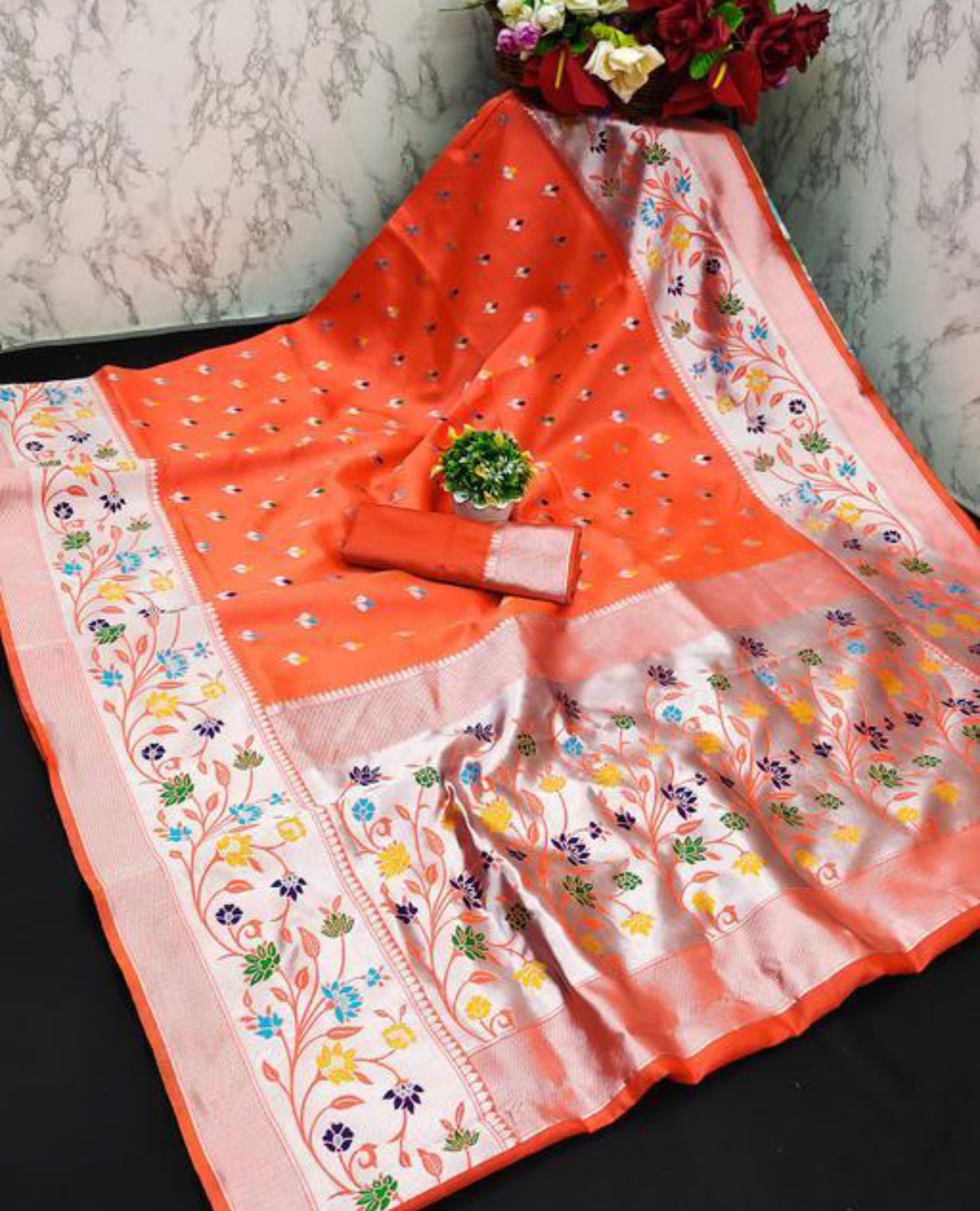 Conflate Orange Paithani Silk Saree With Nemesis Blouse Piece