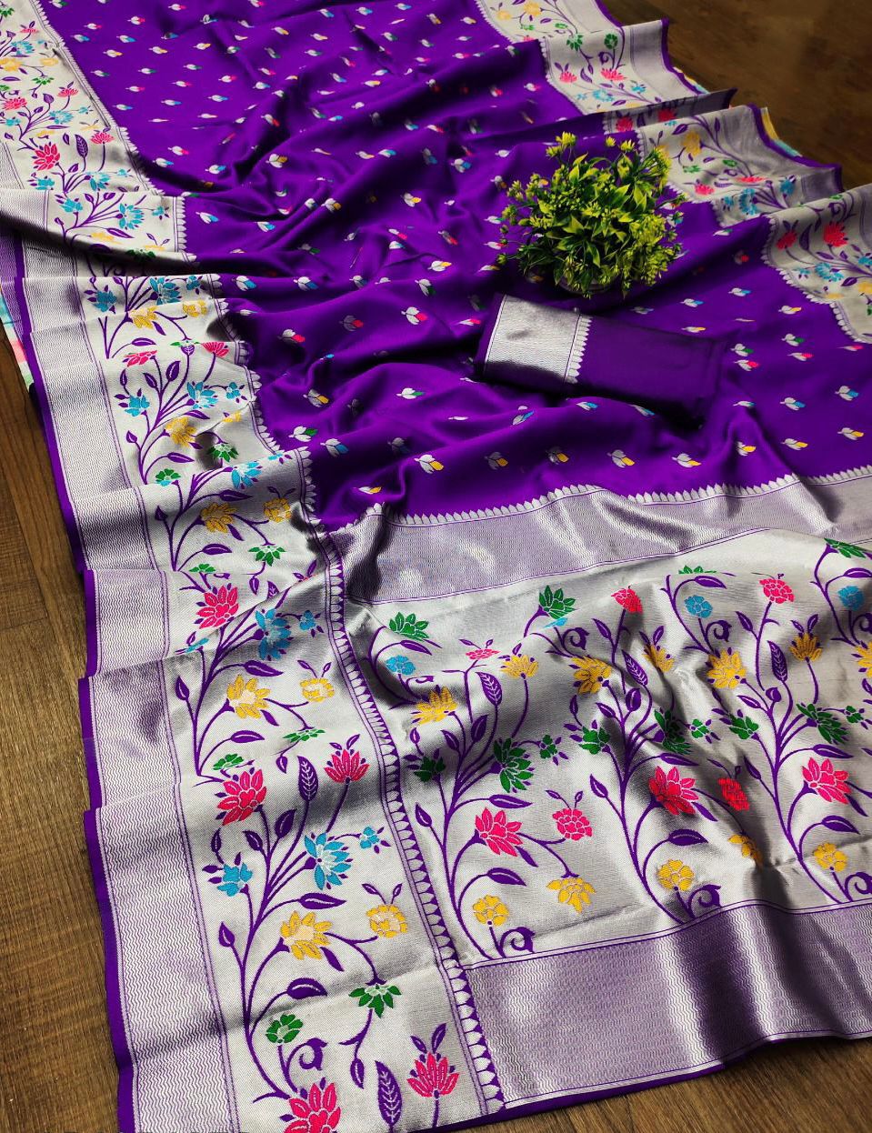 Efflorescence Purple Paithani Silk Saree With Phenomenal Blouse Piece