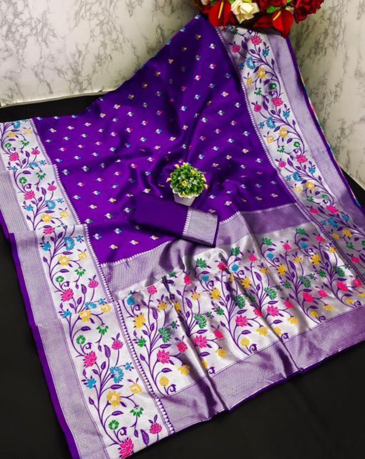 Efflorescence Purple Paithani Silk Saree With Phenomenal Blouse Piece