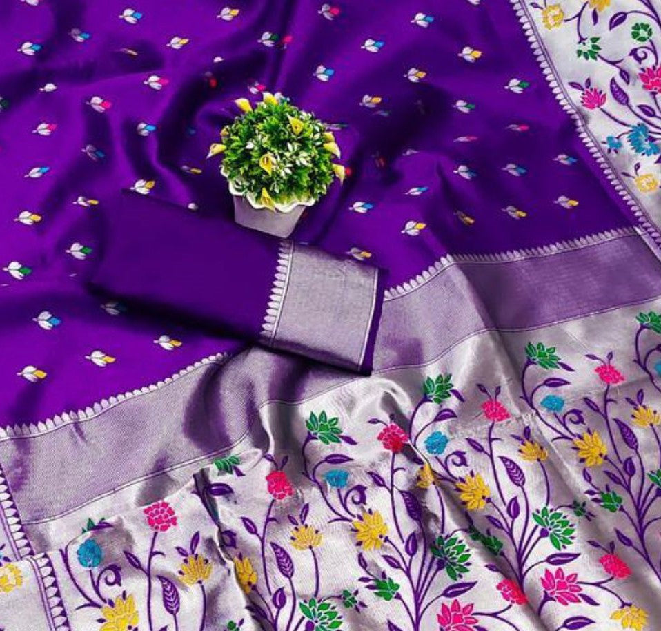 Efflorescence Purple Paithani Silk Saree With Phenomenal Blouse Piece