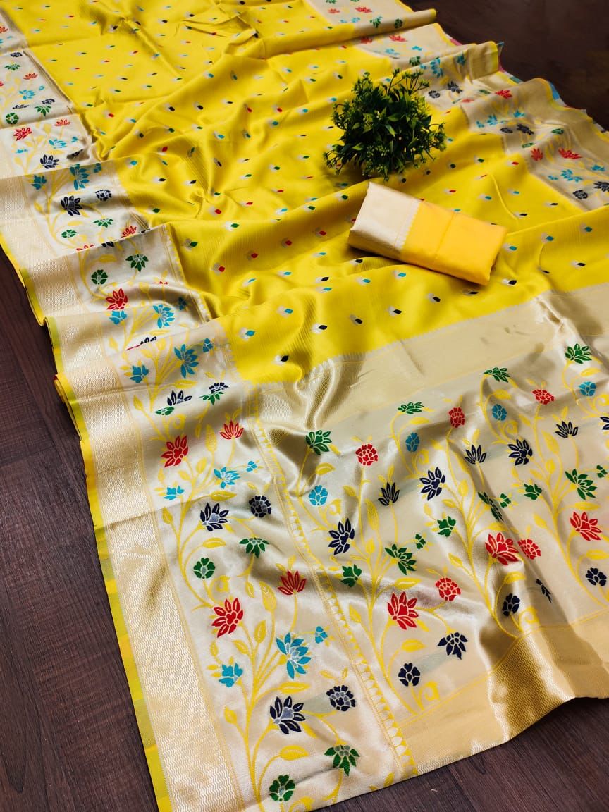 Lovely Yellow Paithani Silk Saree With Bewitching Blouse Piece