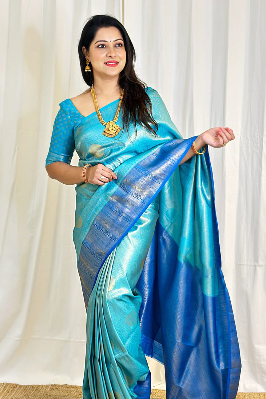 Exuberant Firozi Soft Silk Saree With Designer Blouse Piece