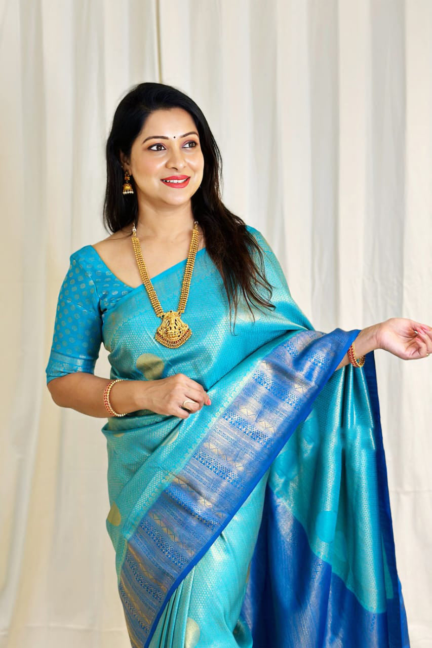 Exuberant Firozi Soft Silk Saree With Designer Blouse Piece