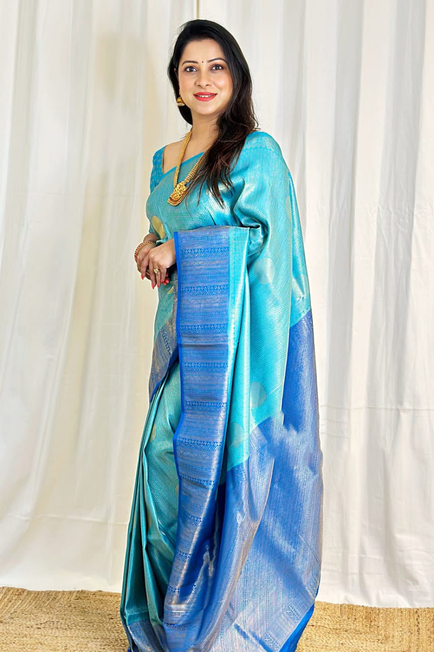 Exuberant Firozi Soft Silk Saree With Designer Blouse Piece