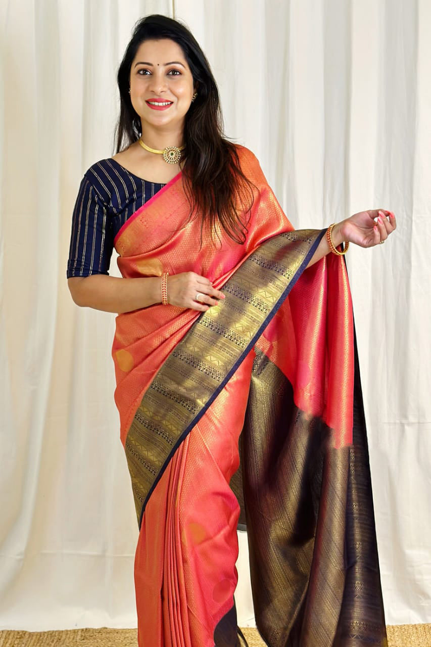 Fugacious Peach Soft Silk Saree With Redolent Blouse Piece