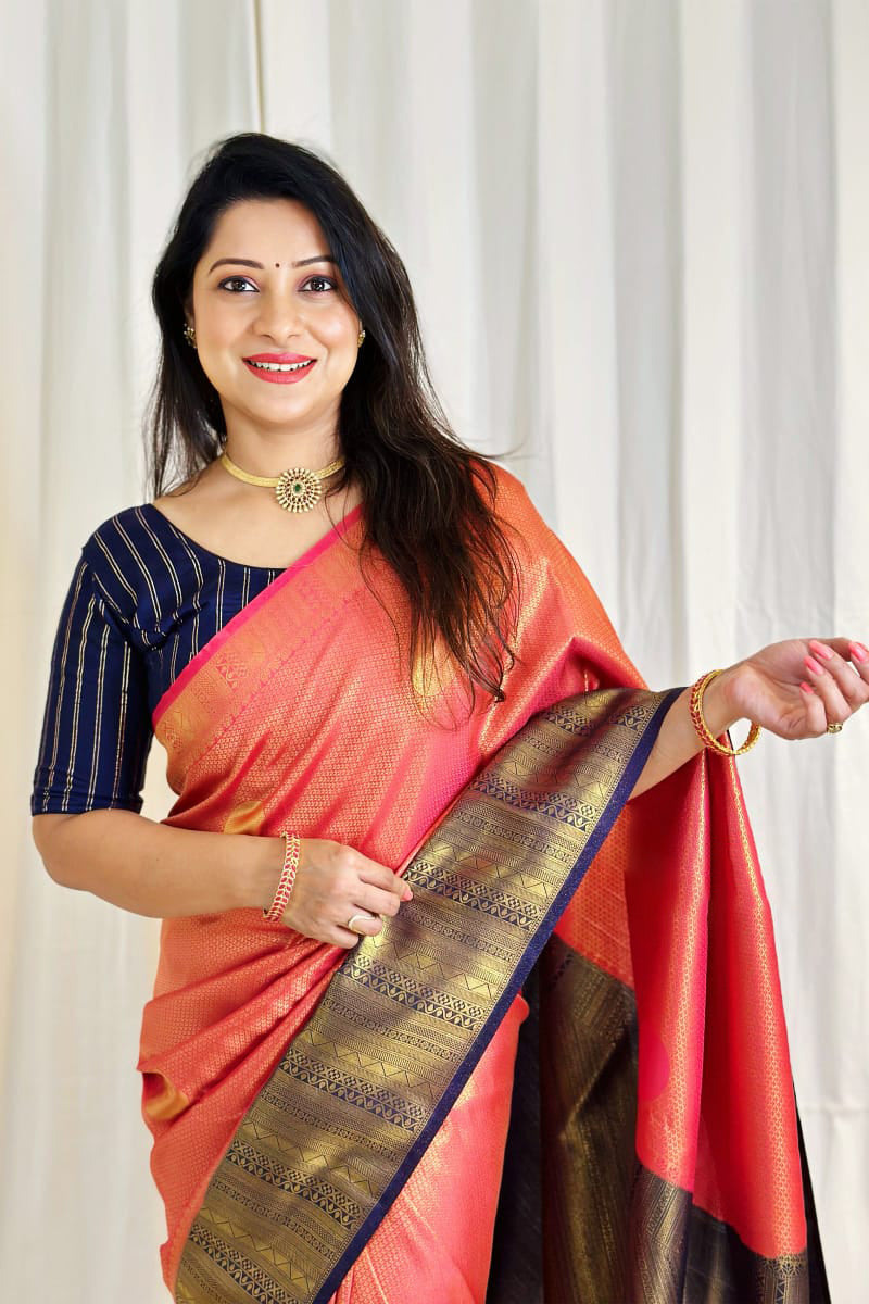 Fugacious Peach Soft Silk Saree With Redolent Blouse Piece