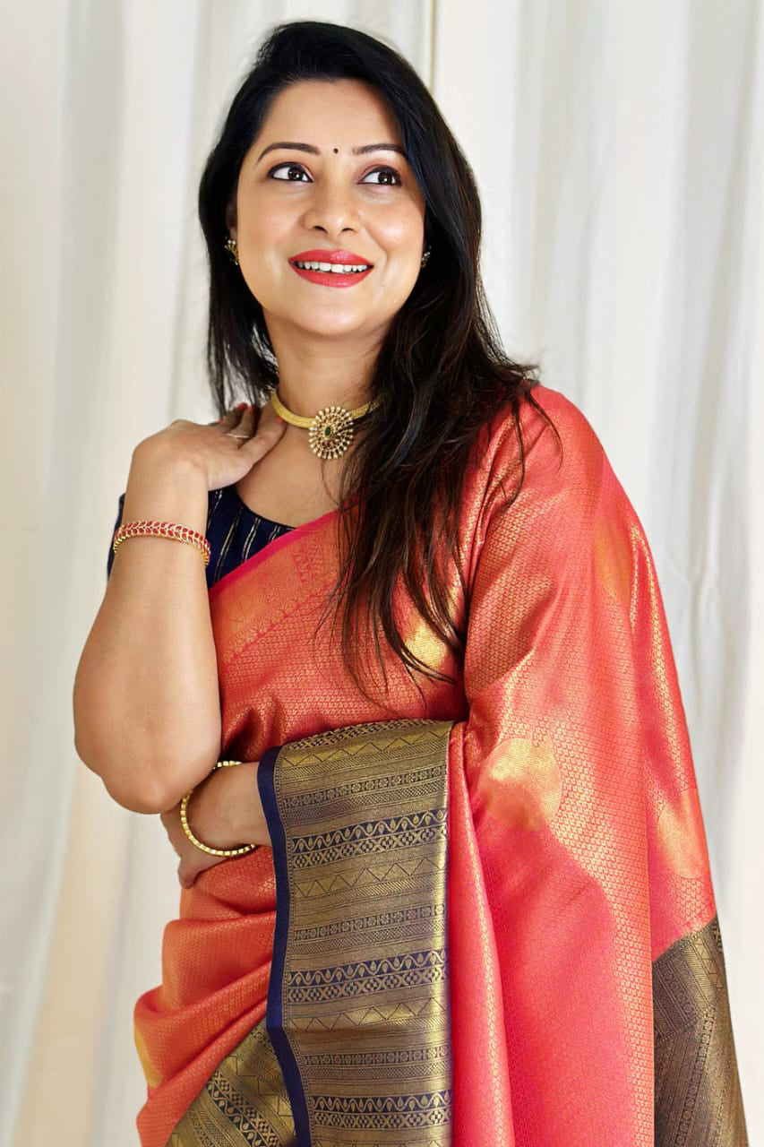 Fugacious Peach Soft Silk Saree With Redolent Blouse Piece