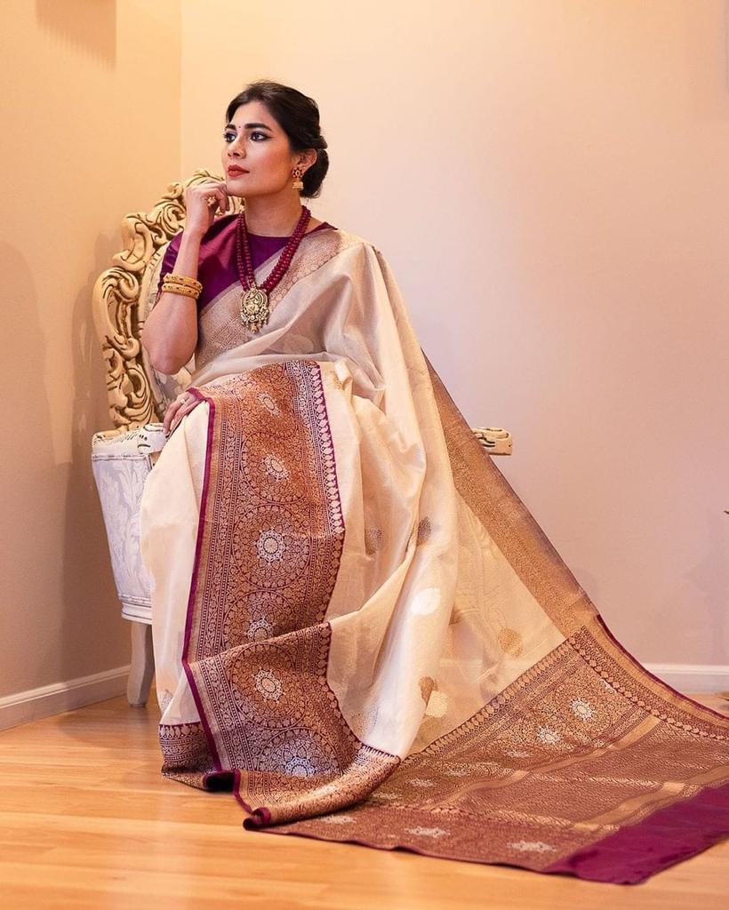 Enamoring Beige Soft Banarasi Silk Saree With Classy Blouse Piece