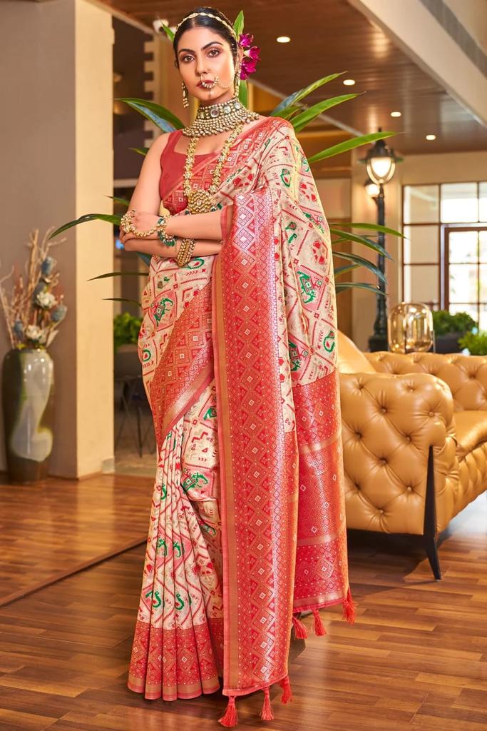 Traditional Beige Patola Silk Saree With Beauteous Blouse Piece