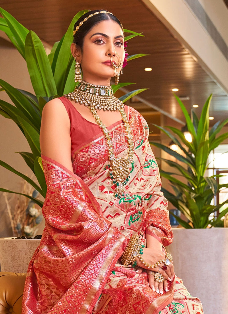 Traditional Beige Patola Silk Saree With Beauteous Blouse Piece