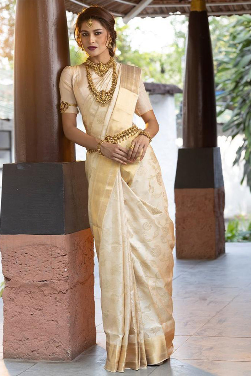 Fugacious Beige Soft Banarasi Silk Saree With Splendorous Blouse Piece