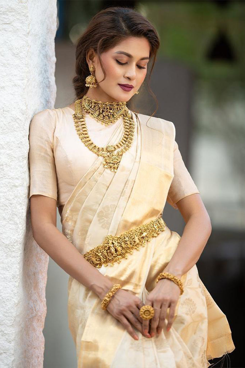 Fugacious Beige Soft Banarasi Silk Saree With Splendorous Blouse Piece