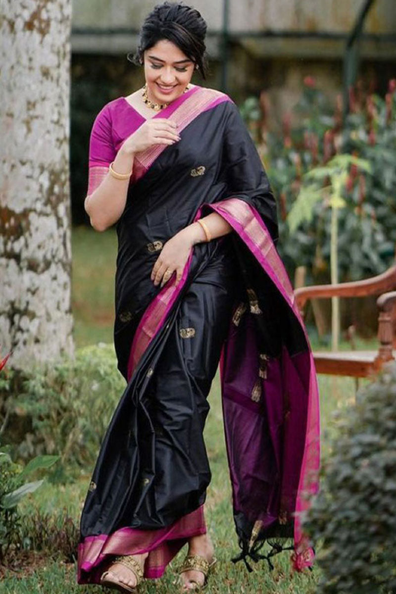 Ailurophile Black Soft Banarasi Silk Saree With Sumptuous Blouse Piece