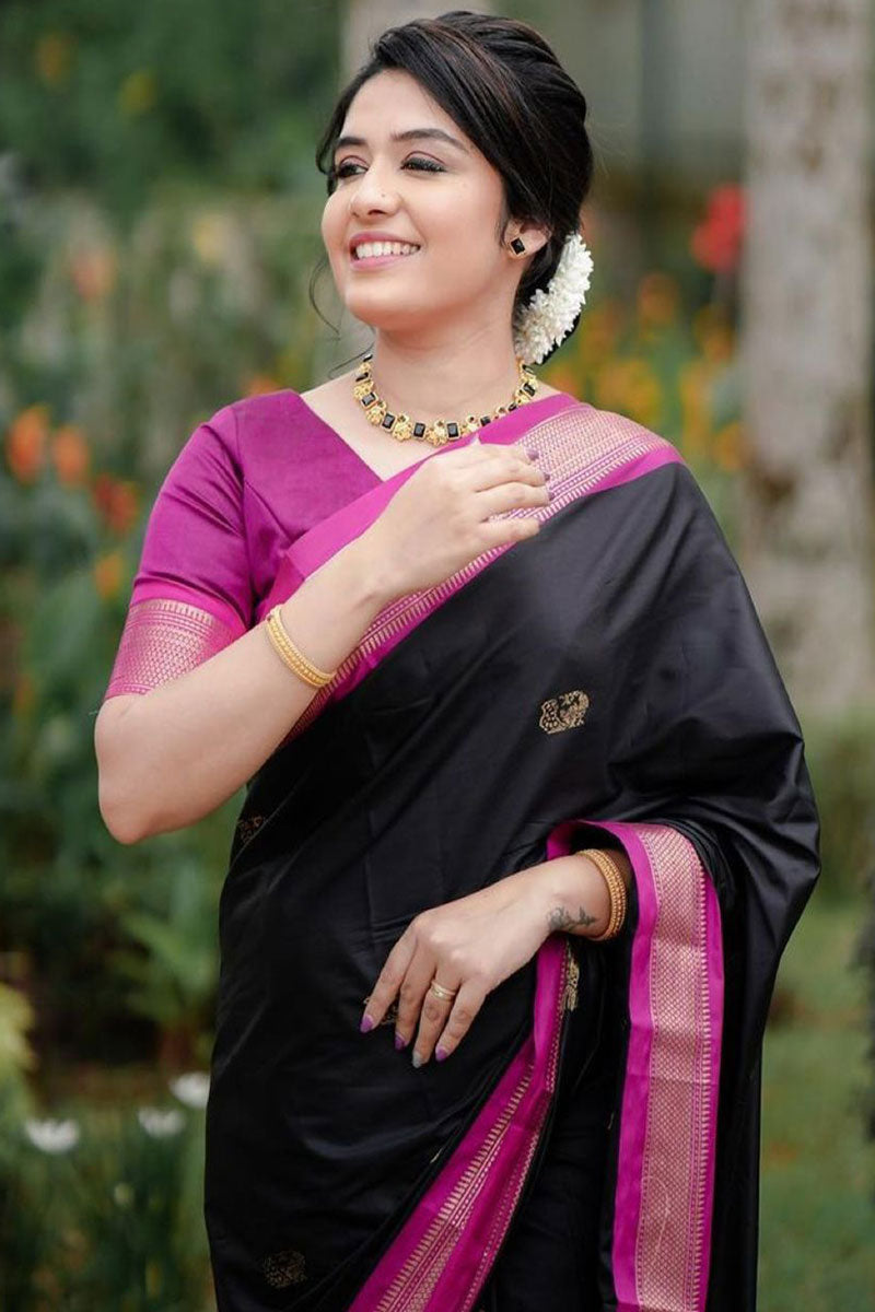 Ailurophile Black Soft Banarasi Silk Saree With Sumptuous Blouse Piece