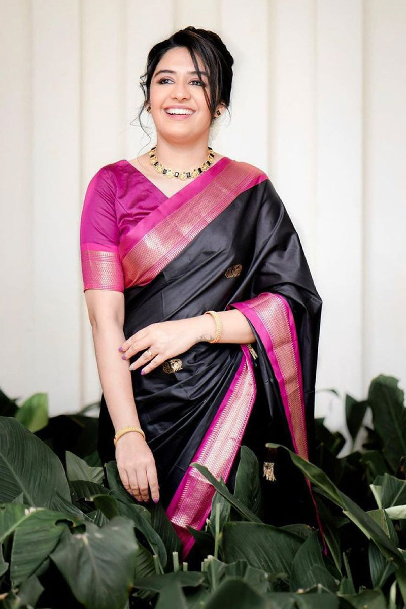 Ailurophile Black Soft Banarasi Silk Saree With Sumptuous Blouse Piece