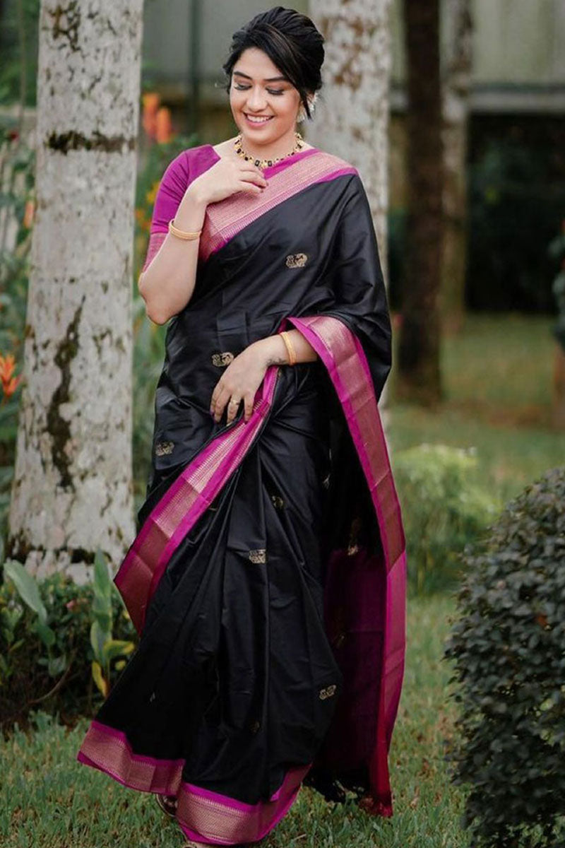 Ailurophile Black Soft Banarasi Silk Saree With Sumptuous Blouse Piece