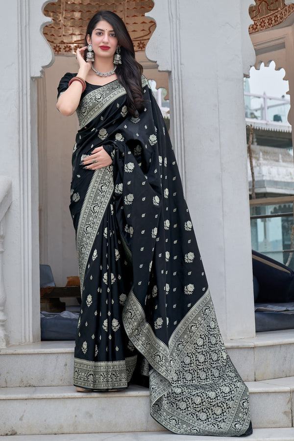 Demesne Black Soft Silk Saree With Mesmerising Blouse Piece