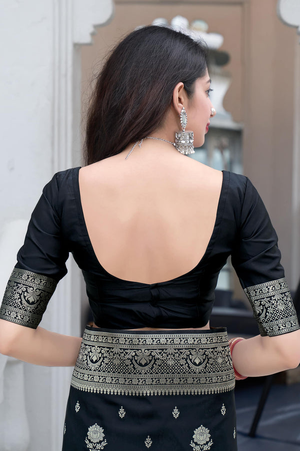 Demesne Black Soft Silk Saree With Mesmerising Blouse Piece