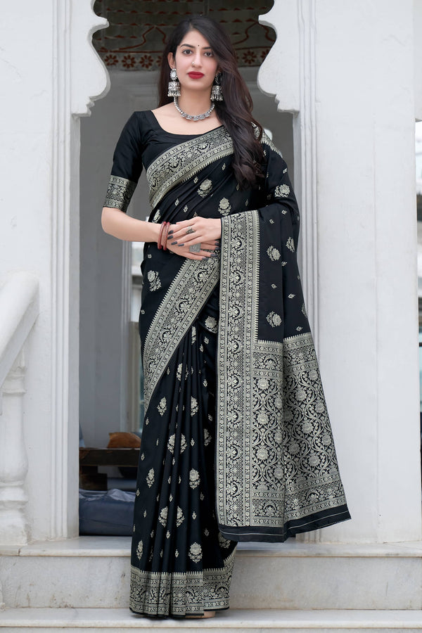 Demesne Black Soft Silk Saree With Mesmerising Blouse Piece